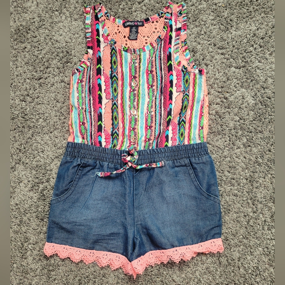 Limited Too Multi-Color Striped Knit Romper w/ Denim Shorts Coral Size 4T *NWOT*
